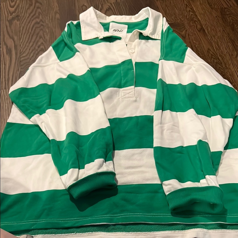 Aerie Green and White Striped Oversized Rugby Shirt